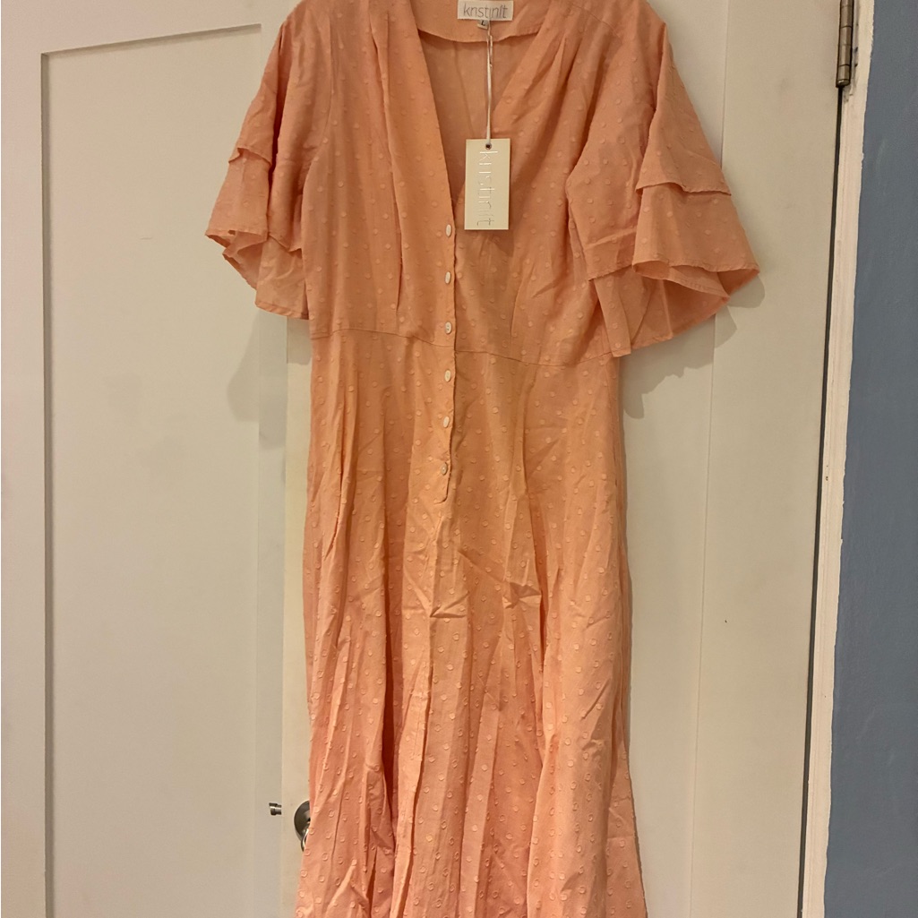 Elegant Peach Maxi Dress With Ruffled Sleeves